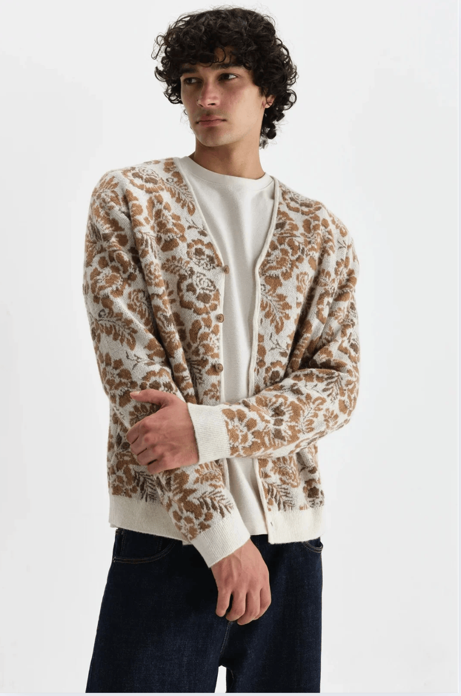 WAX LONDON Pull/Cardigan/Gilet Cardigan WAX LONDON - Alban Natural And Brown Floral Textured Jacquard Cardigan